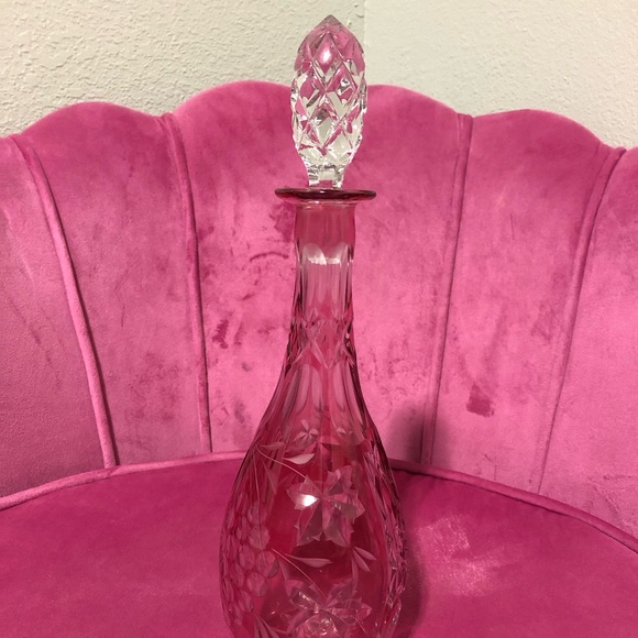 NACHTMANN TRAUBE 14.5" HEAVY CRYSTAL CRANBERRY CUT TO CLEAR DECANTER & glasses - Picture 9 of 9